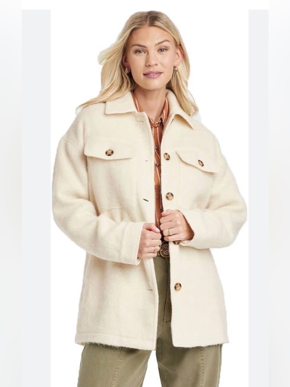 Universal Thread Cream Button-Front Shacket With Patch Pockets